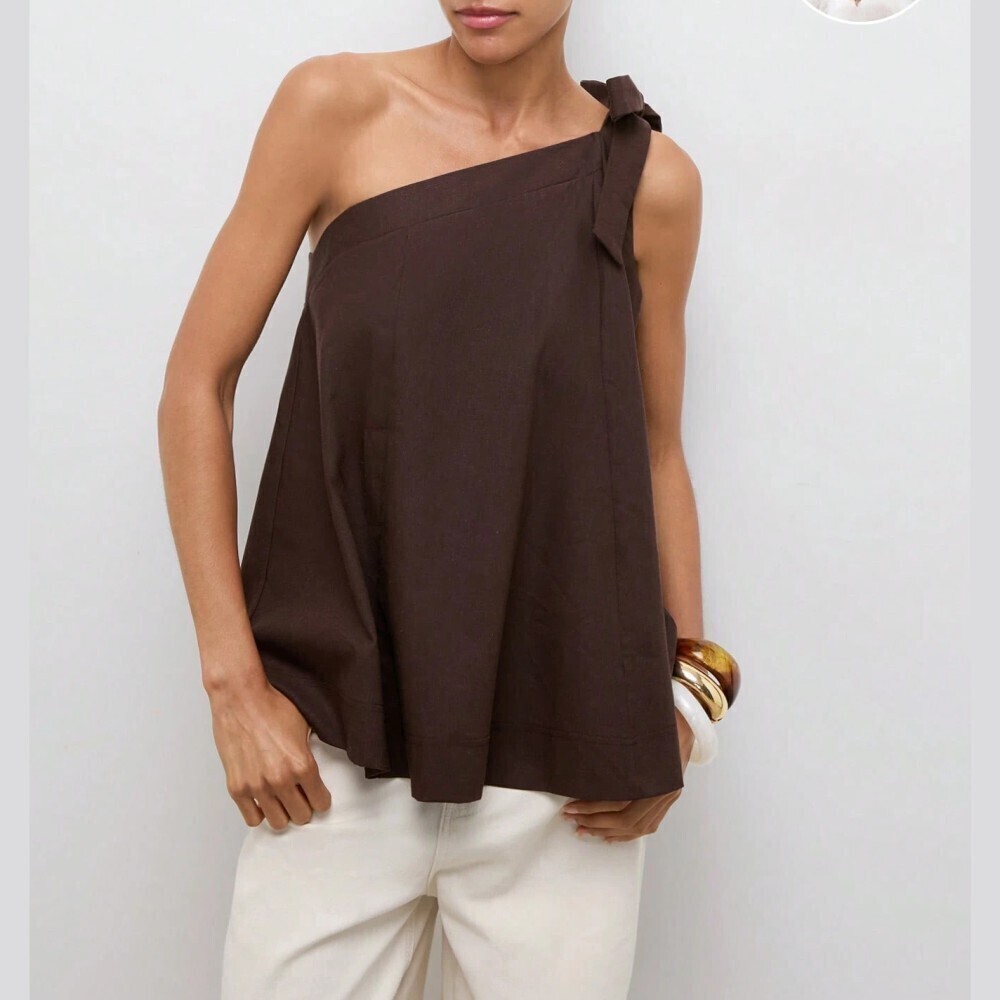 Espresso Brown One Shoulder Bow Tie Flowy A-Line Tank Top